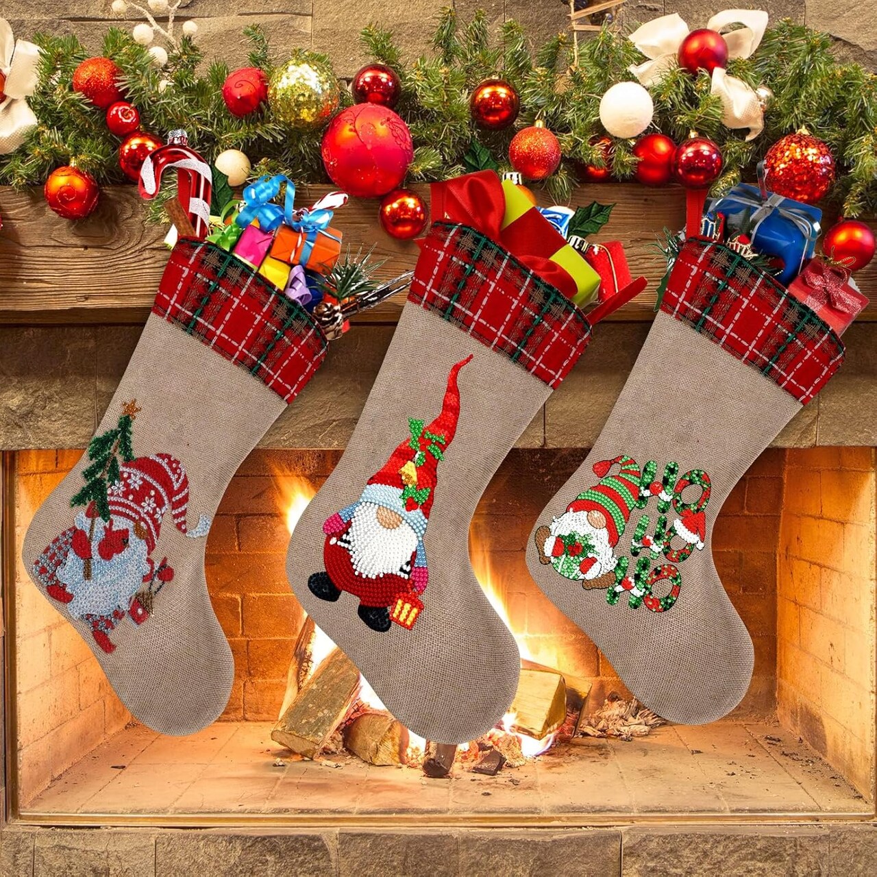 3 Pcs Christmas Diamond Art Stockings 5D DIY Gnomes Diamond Art Christmas Candy Storage Fireplace Hanging Stocking Personalized Present Stockings Christmas Gnomes Decorations for Holiday Favor